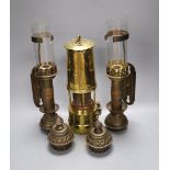 Railway interest: A pair of GWR wall mounted brass oil lamps, together with a protector lamp and