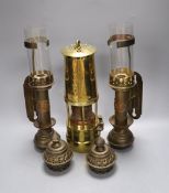 Railway interest: A pair of GWR wall mounted brass oil lamps, together with a protector lamp and