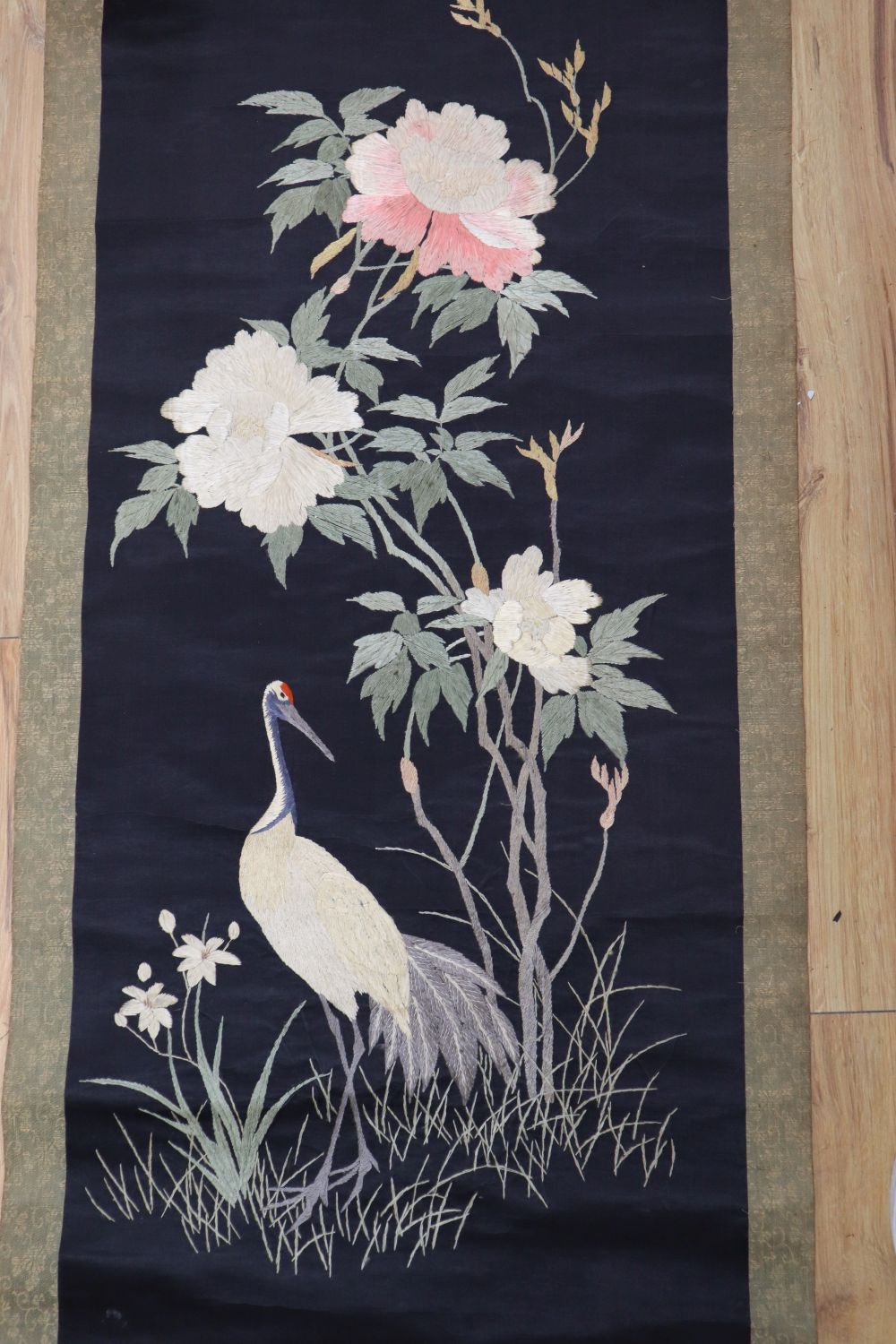 A Japanese embroidered silk scroll and a Japanese eggshell teaset - Image 4 of 9