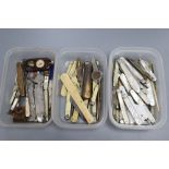 A collection of mother of pearl and silver folding fruit knives, and other sundry pocket knives