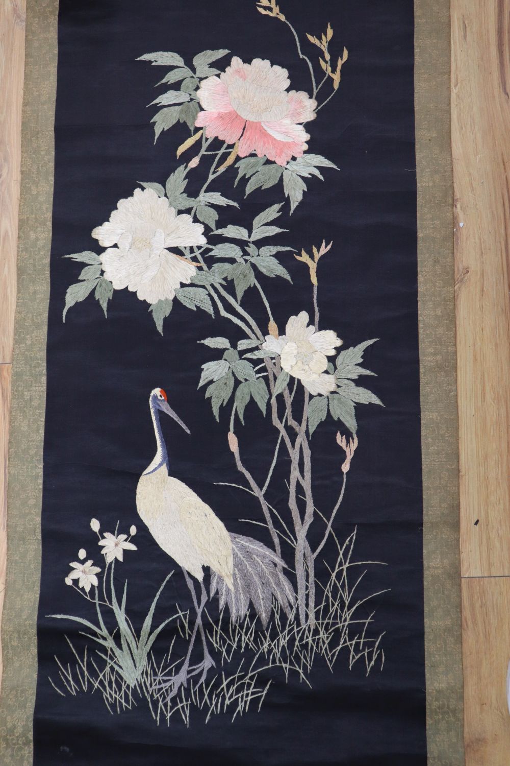 A Japanese embroidered silk scroll and a Japanese eggshell teaset - Image 5 of 9