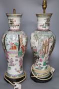 A pair of Chinese-style famille rose table lamps and shades, total height to fitting 57.5cm, one