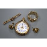 A 9k fob watch, a 9ct gold modernist ring, a 9ct bar brooch and a pair of 9ct gold knot earrings,