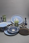 A group of modern Wedgwood jasper dishes and vases, largest 25cm