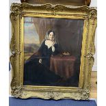 Victorian School, oil on canvas, Interior portrait of a lady seated at a table, a harp beyond, 75