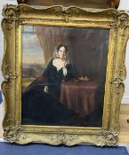 Victorian School, oil on canvas, Interior portrait of a lady seated at a table, a harp beyond, 75