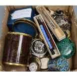 A Victorian paste belt and costume jewellery etc. including pocket watches and enamelled boxes.