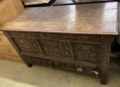 An 18th / 19th century oak mule chest, width 132cm, depth 60cm, height 77cm