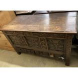 An 18th / 19th century oak mule chest, width 132cm, depth 60cm, height 77cm