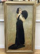 A. Carotti, oil on canvas, Full length portrait of a lady holding a feather fan, signed and dated