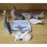 Five Royal Copenhagen figures, Sealion, Salmon (x 2), Tern and Rabbits and a Bing & Grondahl 'stork'