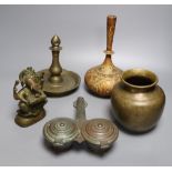 A group of indian bronze vessels, a figure of Ganesh, a Kashmiri polychrome wood vase, 24cm high