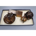 Victorian Tunbridge ware: chamberstick, humming top, two boxes and a puzzle ball