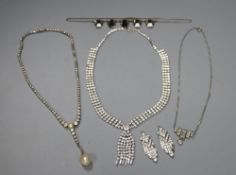 Five assorted items of paste jewellery including two Art Deco necklaces, pair of drop earring etc.