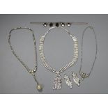 Five assorted items of paste jewellery including two Art Deco necklaces, pair of drop earring etc.
