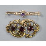 A 9ct gold, amethyst and seed pearl bar brooch, gross 2.9g and a Victorian pierced scrollwork brooch