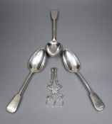 A set of three George III silver tablespoons, maker (probably) Thomas Dicks, London 1820 and a