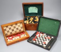 A Jaques Staunton pattern chess set and two travelling chess sets, all cased