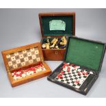 A Jaques Staunton pattern chess set and two travelling chess sets, all cased