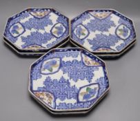 A set of six Imari octagonal dishes, Meiji period, painted in underglaze blue with enamels, 21cm