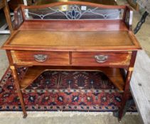 An Edwardian inlaid mahogany side table, the superstructure with an inset stained glass panel, width