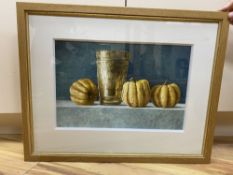 Nigel Ashcroft (1951-), watercolour, Squash with a brass pot, monogrammed, 26 x 40cm