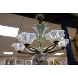 A vintage French gilt metal and opalescent glass mounted six light electrolier, diameter 79cm,