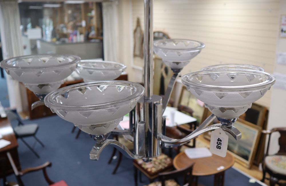 A French Art Deco style chrome plated and frosted glass six light electrolier, height 58cm width - Bild 3 aus 7