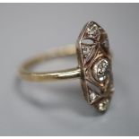 A 1920's? Austrian pierced 585 yellow metal and diamond set oblong dress ring, size M, gross 2.8