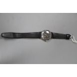 A gentleman's 1940's steel Longines black dial manual wind wrist watch, case diameter 34mm, on