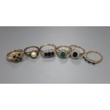 Six assorted 9ct gold and gem set rings, gross 16.9 grams.