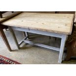 A rectangular pine top and painted oak base kitchen table, width 122cm, depth 69cm, height 75cm