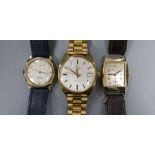Two gentleman's 9ct gold manual wind wrist watches, Rotary & J.W. Benson and one other watch.