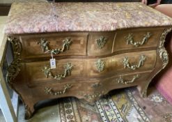 A serpentine Louis XVI-style marble top bombe commode, width 130cm, depth 54cm, height 84cm