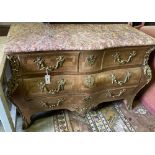 A serpentine Louis XVI-style marble top bombe commode, width 130cm, depth 54cm, height 84cm