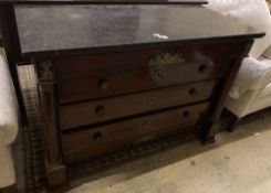 A French Empire ormolu mounted mahogany marble topped commode, fitted four long drawers, width