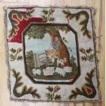 A Victorian petit point panel depicting a farmer and sheep, 41 x 40cm