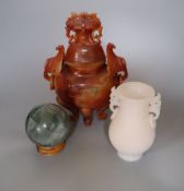 A Chinese chalcedony censer and cover, 27cm high and a Chinese white glass vase and a green quartz