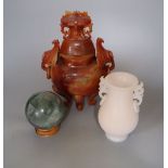 A Chinese chalcedony censer and cover, 27cm high and a Chinese white glass vase and a green quartz