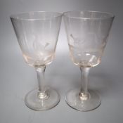 A pair of Victorian wine glasses, etched with game birds, height 21cm