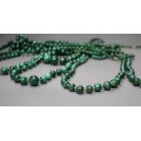 Ten assorted graduated malachite bead necklaces, two with gilt metal spacers, largest