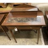 An Edwardian satinwood banded mahogany writing table, width 76cm depth 42cm height 93cm