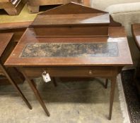 An Edwardian satinwood banded mahogany writing table, width 76cm depth 42cm height 93cm