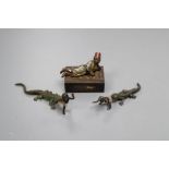 Two Bergman-type cold painted bronze comical crocodiles, 10cm and a cold painted matchbox holder