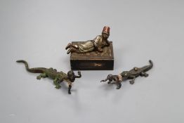 Two Bergman-type cold painted bronze comical crocodiles, 10cm and a cold painted matchbox holder