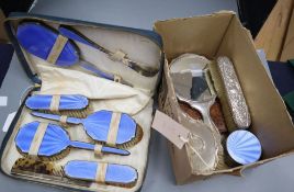 A blue guilloche enamel cased part dressing table set, a similar part manicure set and sundry