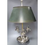 A French silver plated "lamp bouillotte" with a toleware shade, height 63cm