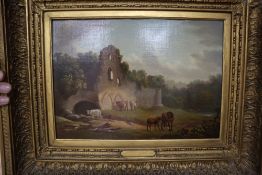 Follower of Julius Caesar Ibbetson (1759-1817), oil on canvas, Figure, cattle and horses in a