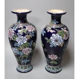 A pair of Japanese Satsuma moriage blue ground vases, early 20th century, height 26cm