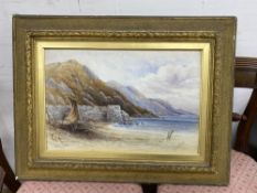 F Cheshire, watercolour, Beached fishing boat in a coastal landscape, signed, 34 x 52cm